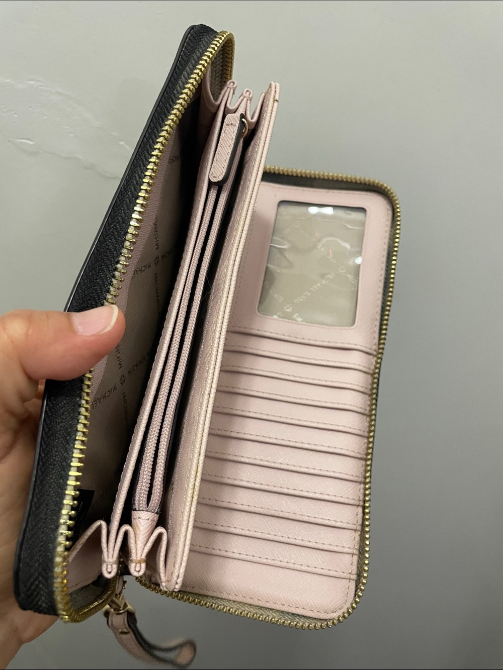 Michael Kors Beige Logo Zip Wallet with Pink & White Center Stripe - Picture 15 of 17